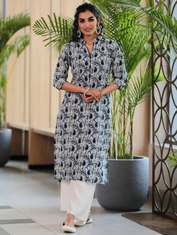 Libas - Navy Blue Printed Lace Work Straight Cotton Kurta