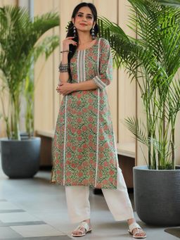 Libas - Green Floral Printed Straight Lace Work Kurta
