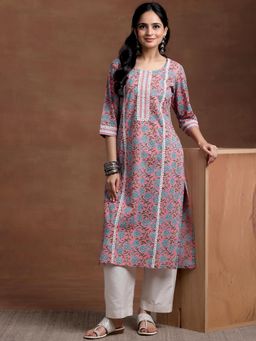 Libas - Pink Floral Printed Straight Lace Work Kurta