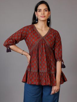 Libas - Rust Printed Kurti with Tassels On Sleeves