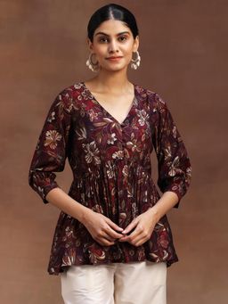 Libas - Burgundy Floral Printed A-Line Kurti