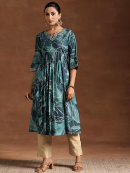 Libas - Teal Printed Embroidered A-Line Kurta