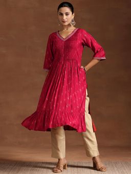Libas - Hot Pink Ethnic Motif Printed A-Line Kurta