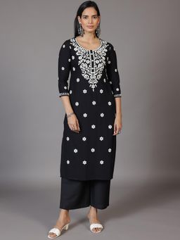 Libas - Black All Over Floral Embroidered Straight Kurta