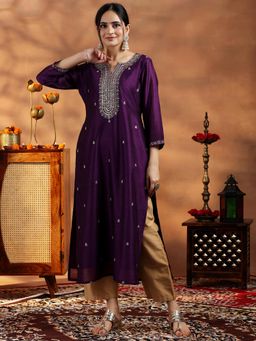 Libas - Purple Zari Embroidered Straight Kurta with Lining