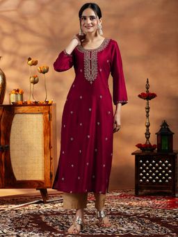 Libas - Maroon Zari Embroidered Straight Kurta with Lining