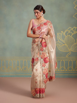 Likha - Tissue Silk Cross Stitch Floral Embroidered Saree & Unstitched Blouse Likmpsbosar02A
