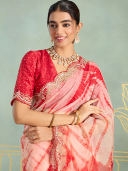 Likha - Traditional Organza Tie Dye Zardoshi Hand Work with Scallop Border Saree & Unstitched Blouse