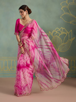 Likha - Traditional Organza Tie Dye Zardoshi Hand Work with Scallop Border Saree & Unstitched Blouse