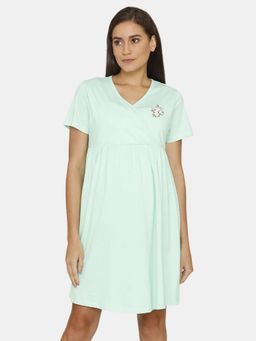 Zivame - Maternity Knit Cotton Knee Length Nightdress - Green Ash
