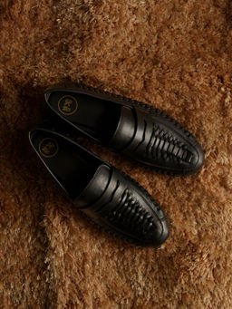 Monkstory - Men Interwoven Slip Ons Black Loafers