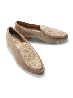 Monkstory - Men Hand Beaded Slip Ons Beige Loafers