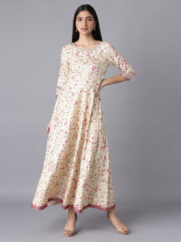 W - Ecru Printed Dress With Embroidery