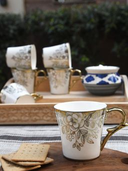 Femora - Fine Bone China Gold Floral Buds Leaves Tea Cups - 160Ml - 6 Pcs Set