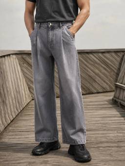 The Indian Garage Co - Men Barrel Fit Solid Mid-Rise Jeans-Grey