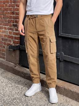 The Indian Garage Co - Men Loose Fit Textured Cargo Pocket Mid-Rise Joggers-Brown