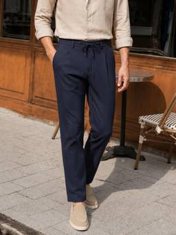 The Indian Garage Co - Men Regular Fit Solid Mid-Rise Trousers-Navy Blue