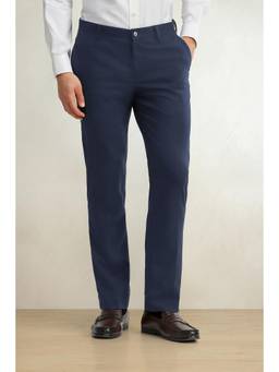 Louis Philippe - Men Navy Blue Slim Fit Solid Flat Front Formal Trousers