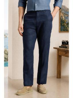 Louis Philippe - Men Navy Regular Fit Solid Flat Front Casual Trousers