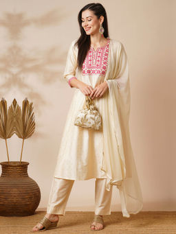 Globus - Women Off White Embroidered Yoke Silver Foil Printed A-Line Kurta With Narrow Trousers & Dupatta