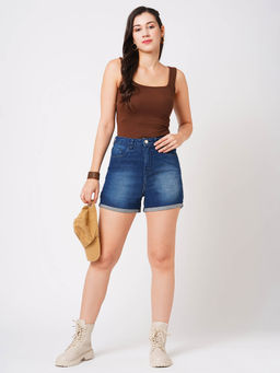 Globus - Women Dark Blue Stretchable Mid-Rise Slim Fit Washed Denim Shorts