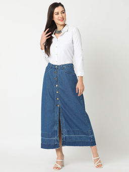 Globus - Womens Blue Washed Denim Front Slit A-Line Midi Skirt
