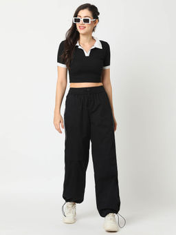 Globus - Womens Black Washed Cargo with Contrast Piping and Adjustable Toggle Cargo Trousers