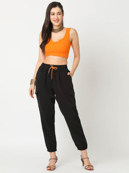 Globus - Womens Black Stretchable Cargo Trousers with Neon Orange Drawstring
