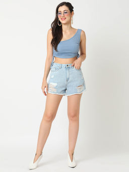 Globus - Women Light Blue Mid Rise Washed Distressed Frayed Hem Denim Shorts
