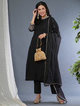 Globus - Women Black Embroidered Sleeves Straight Workwear Kurta With Pants & Sequinned Dupatta Set