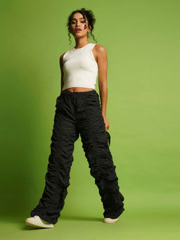 Globus - Women Black Mid Rise Elasticated Waist Mid Rise Ruched Loose Fit Trousers