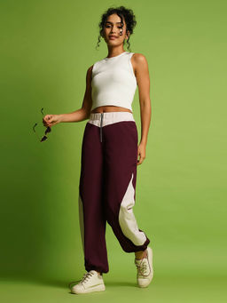 Globus - Women Maroon and White Mid Rise Loose Fit Zipper Waist Toggle Hem Joggers