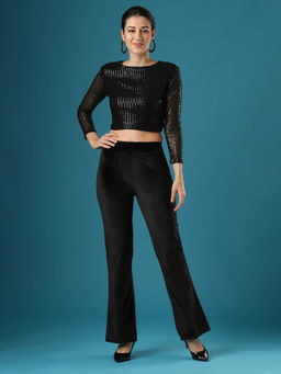 Globus - Women Black Velvet Mid Rise Stretchable Slim Fit Flared Party Trouser