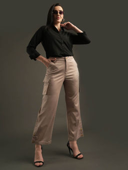 Globus - Women Beige Cotton Stretchable Front Cargo Trousers