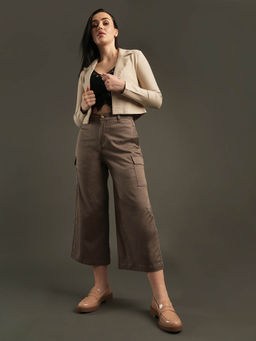 Globus - Women Brown Cotton Stretchable Front Cropped Wide Leg Trousers with Cargo Pocket