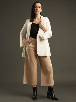 Globus - Women Camel Brown Satin Stretchable Front Cropped Wide Leg Formal Trousers