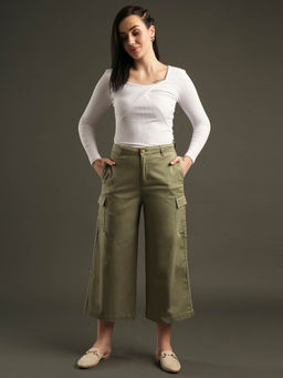 Globus - Women Sage Green Cotton Stretchable Front Cropped Wide Leg Trousers with Cargo Pocket