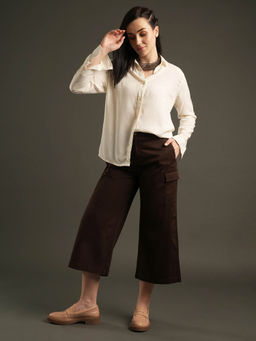 Globus - Women Coffee Cotton Stretchable Front Cropped Wide Leg Trousers with Cargo Pocket