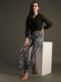 Globus - Women Blue Hazzy Print Stretchable Mid-Rise Side Slit Flared Trousers