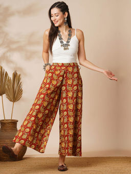 Globus - Maroon Paisley Print Mid Rise Wide Palazzo