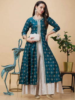 Globus - Beige Ethnic Motifs Print Slip On Paneled Flared Palazzo