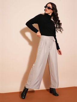 Globus - Women Ash Grey Solid High-Rise Pleated Wide-Leg Workwear Trousers