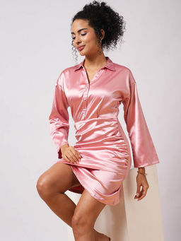 Globus - Pink Satin Shirt Collar Full Sleeves Ruched Mini Bodycon Party Dress