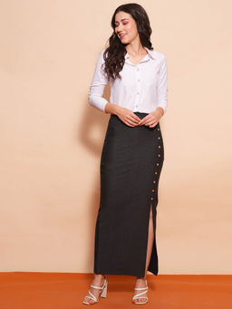 Globus - Gun Metal Mid-Rise Side Slit Button Detailing Maxi Pencil Skirt