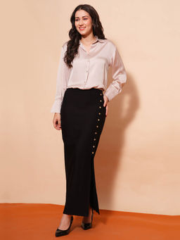 Globus - Black Mid-Rise Side Slit Button Detailing Maxi Pencil Skirt