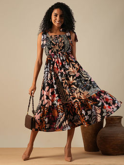 Globus - Black Tropical Print Smocked Tiered Fit and Flare Midi Dress