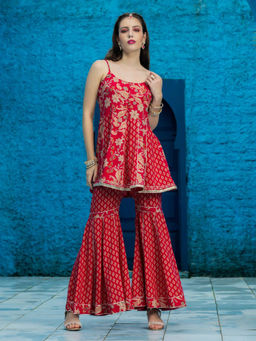 Globus - Women Pink Floral Short Anarkali Kurta with Sharara (Set of 2)