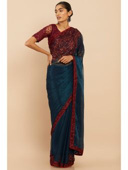Soch - Women Teal Georgette Embellished & Sequined Saree with Unstitched Blouse