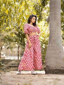 Laado - Hand Block Printed Red Leaf Print Co-ord (Set of 2)