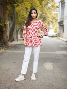 Laado - Hand Block Printed Red Leaf Print Top